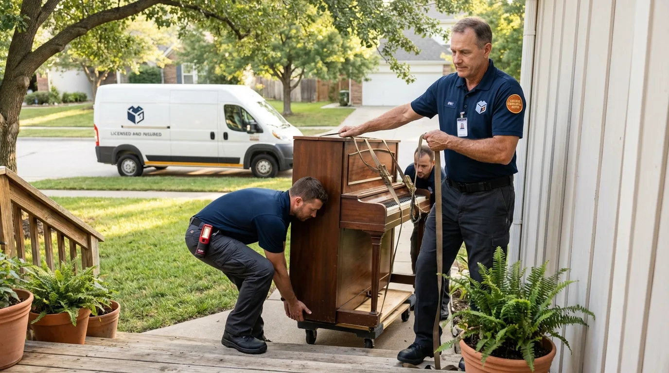 Licensed piano movers securing grand piano in Zebulon, NC