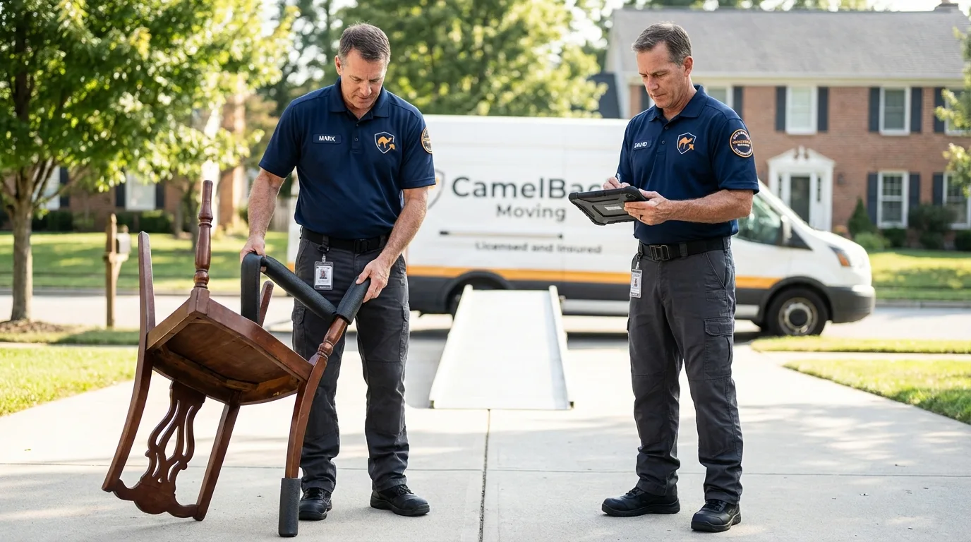 Movers inspecting furniture for damage prevention before loading in Zebulon, NC